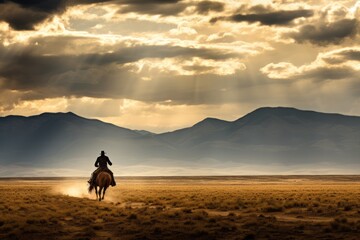 Cowboy on a horse in a vast landscape with dramatic clouds .Generative AI