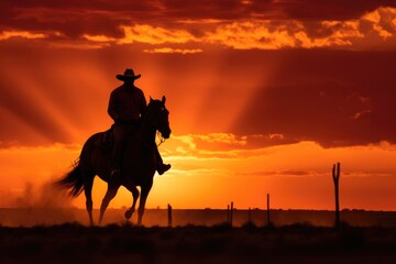 Obraz na płótnie Canvas A silhouette of a cowboy on a horse in front of a setting sun. .Generative AI