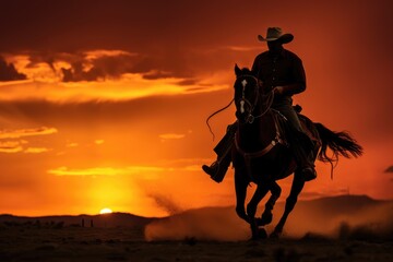 Fototapeta na wymiar A cowboy riding a horse in a desert at sunset. .Generative AI