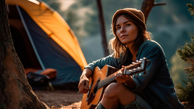Young hippie woman tourist plays guitar music and sings song near a tent in a camping. Trip travel adventure relax and freedom concept