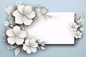 Empty frame border blank poster template mockup with paper cut flowers on light blue background. Origami art floral composition