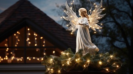Christmas tree topper Christmas angel decoration element. sits atop the Christmas tree, illuminated by surrounding lights