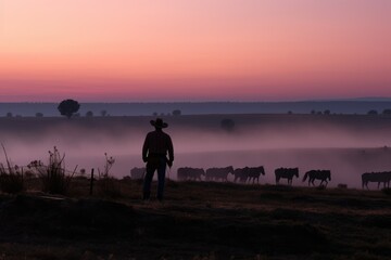 A cowboy on a hill watching over his cattle at sunris. Generative AI