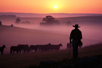 A cowboy on a hill watching over his cattle at sunrise.  .Generative AI - Powered by Adobe