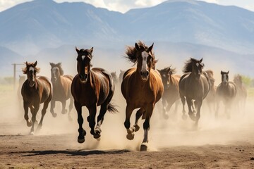 Horses running in a desert landscape with mountains and sky. Generative AI
