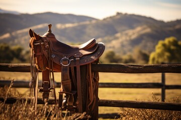 Brown leather saddle on a wooden fence in a country landscape. Generative AI - obrazy, fototapety, plakaty