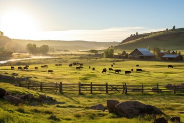 Farm with cows grazing in a field during sunrise.