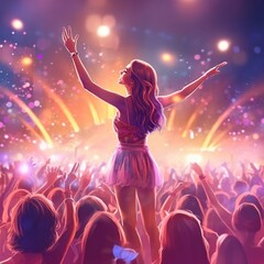 young woman, summer music festival, no face, happy, fun, stage performance, lights, colors, audience, ai generated
