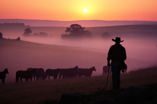 A cowboy on a hill watching over his cattle at sunrise.  .Generative AI