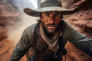 Fototapeta premium a man in a cowboy hat and scarf in a desert canyon with a camer . Generative AI