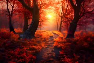 Red-orange mysterious autumn forest with path and sun. Beautiful background for your design