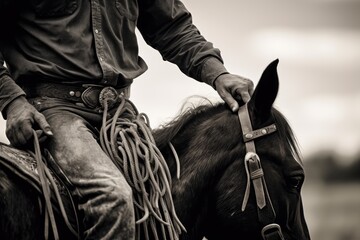 A cowboy on a black horse in a field in black and white. .Generative AI
