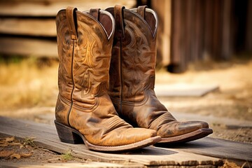 A pair of brown floral cowboy boots on a wooden porch in a rural setting. Generative AI