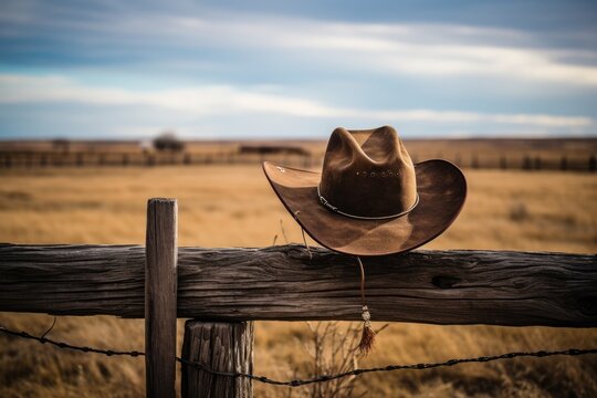 A brown cowboy hat hanging on a wooden fence post in a rural landscape. Generative AI