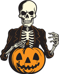 Skeleton holding a pumpkin halloween, Happy Halloween Vector Illustration, SVG