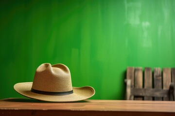 A straw hat with a black band on a wooden table with a green background. Generative AI