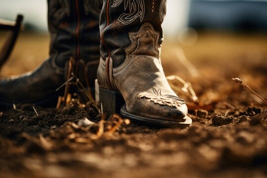 A pair of gray cowboy boots with a detailed design on a dirt ground with a blurred field background. Generative AI