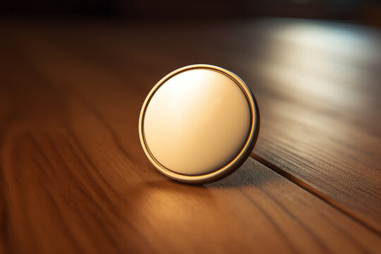 Golden metal pin badge button mockup on wooden table. Round brooch template