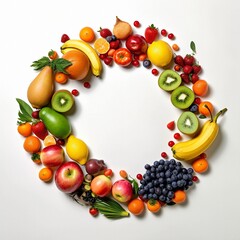Circle of different fruits on a white background, ai generated