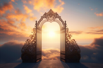 Open gate of heaven in setting sun. Clouds in blue sky. Unknown future