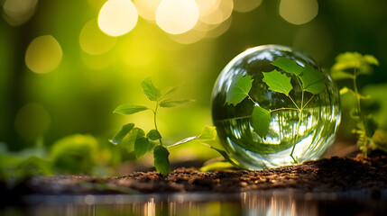 Grüne Glaskugel mit grünen Blättern und Morgensonnenlicht – nachhaltige Umwelt und Ökologie. Ai generated. - obrazy, fototapety, plakaty