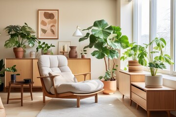 Fototapeta premium In the updated living room, there is a cozy armchair, a practical chest of drawers, a foldable screen, and various houseplants to bring in a natural touch.