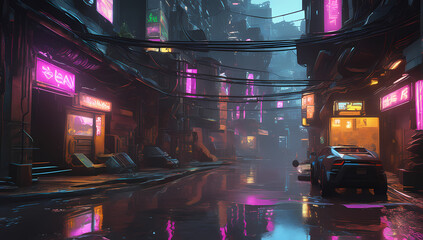 "Neon Cascade: Cyberpunk Chronicles of the Watery Street" 10 Art Generative AI