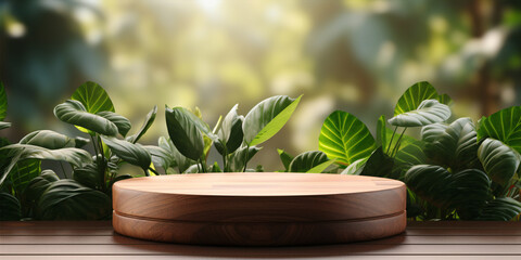 Wooden product display podium with blurred nature leaves on white background. 3D rendering