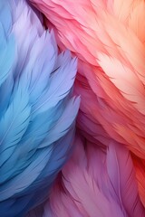 Beautiful multicolour feathers background in pastel colors. Closeup vertical image of colorful fluffy feather. Minimal abstract composition with place for text. Copy space