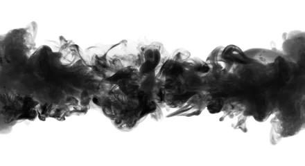 Fototapeten Abstract black smoke blot on white. Wave flow horizontal contrast copy space background.. © Liliia