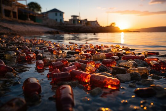 Plastic bottles on the seashore. Environmental pollution by plastic waste. Generative AI