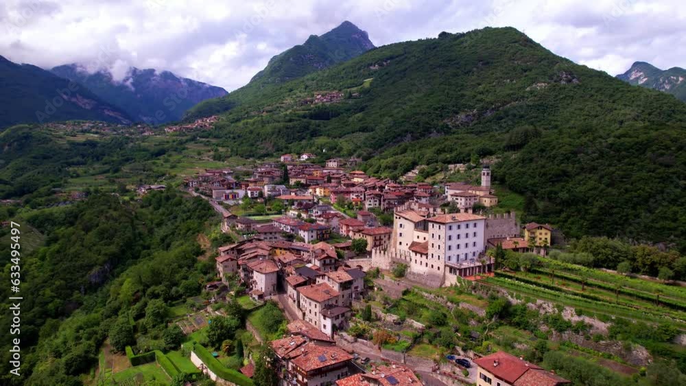 Canvas Prints tenno - scenic medieval viallage in trento in trentino-alto adige region of italy. aerial drone view