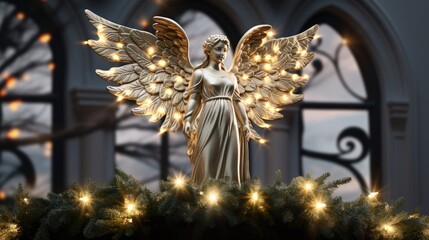 Christmas tree topper Christmas angel decoration element. sits atop the Christmas tree, illuminated...
