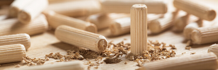 hole in wooden oak board for wooden dowel. carpentry industry.