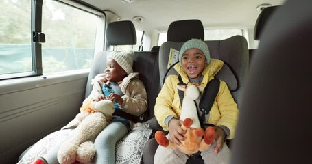Car, travel and children in back seat on road trip for holiday, vacation and weekend getaway. Safety, family and happy kids with seatbelt for transportation, driving and journey in motor vehicle