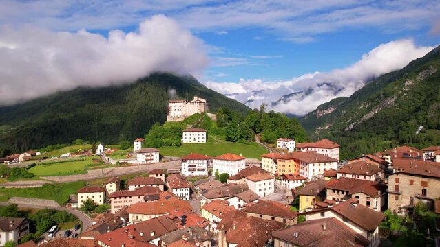 medieval castles of northern Italy. Castle Stenico and picturesque village. Trentino region, province of Trento.
aerial drone overflight view