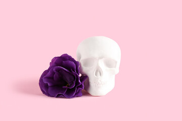 Human skull with beautiful eustoma flower on pink background