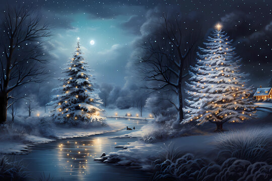 beleuchteter Christbaum in verschneiter, friedlicher Landschaft erstellt mit generativer KI