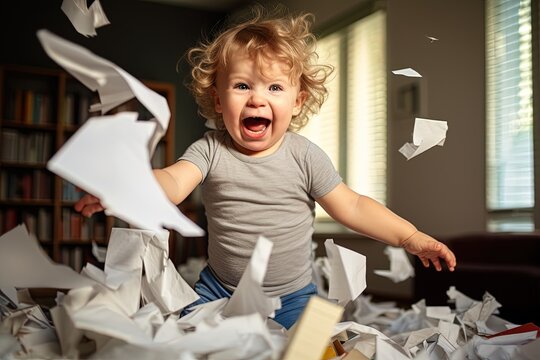 A playful toddler making a huge mess in a living-room, shredding paper.