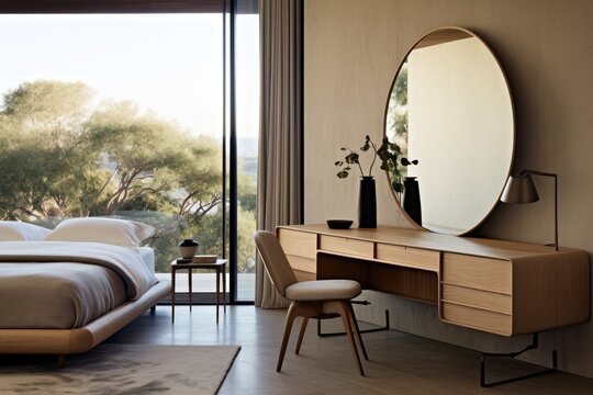 A contemporary, asymmetrical mirror hangs above a minimalist wooden vanity table positioned beside a comfortable bed in the bedroom.