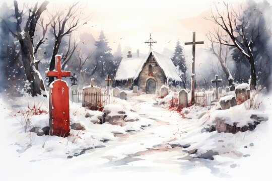A red chapel in center of graveyard in snowy day, water color painting.
