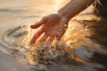 An oil painting of a forearm splashing water at sea.
