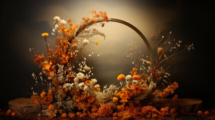 Dried flowers on a circular support, set against a monochrome backdrop, a minimalist tribute to nature's elegance, generative AI