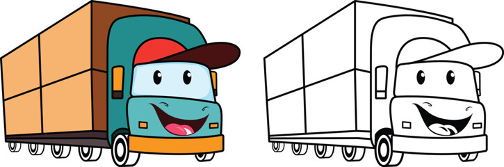 Happy Mover’s truck, moving truck cartoon mascot vector illustration, Moving truck with a smile face logo concept mascot vector image