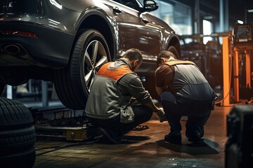 Car mechanics changing tire at auto repair shop garage. - obrazy, fototapety, plakaty