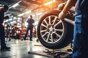 Car mechanics changing tire at auto repair shop garage.