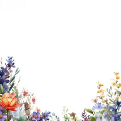 Watercolor illustration, greeting card design, border of colorful wildflowers, frame of field meadow flowers on a white background. Copy space. AI generated