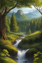 Fototapeta na wymiar Enchanting forest beautiful high quality with mountain view point, ultra realistic. Image created using artificial intelligence.