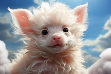 Closeup pink small fluffy dog.