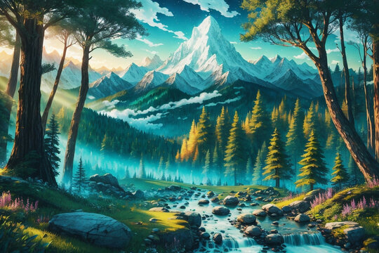 Enchanting forest beautiful high quality with mountain view point, ultra realistic. Image created using artificial intelligence.